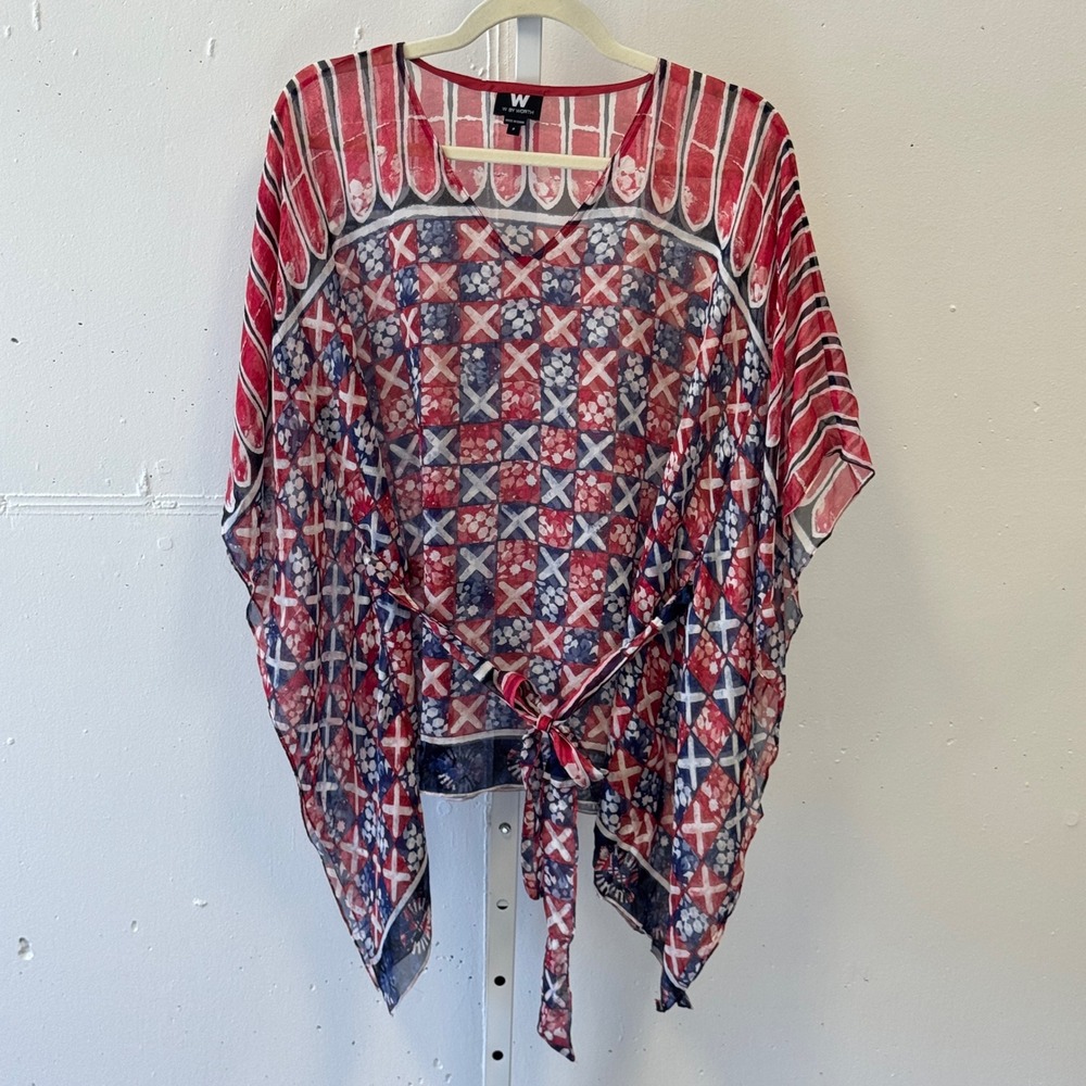W by Worth 100% Silk Kaftan Top Geometric Print Tie Waist Petite Small Boho